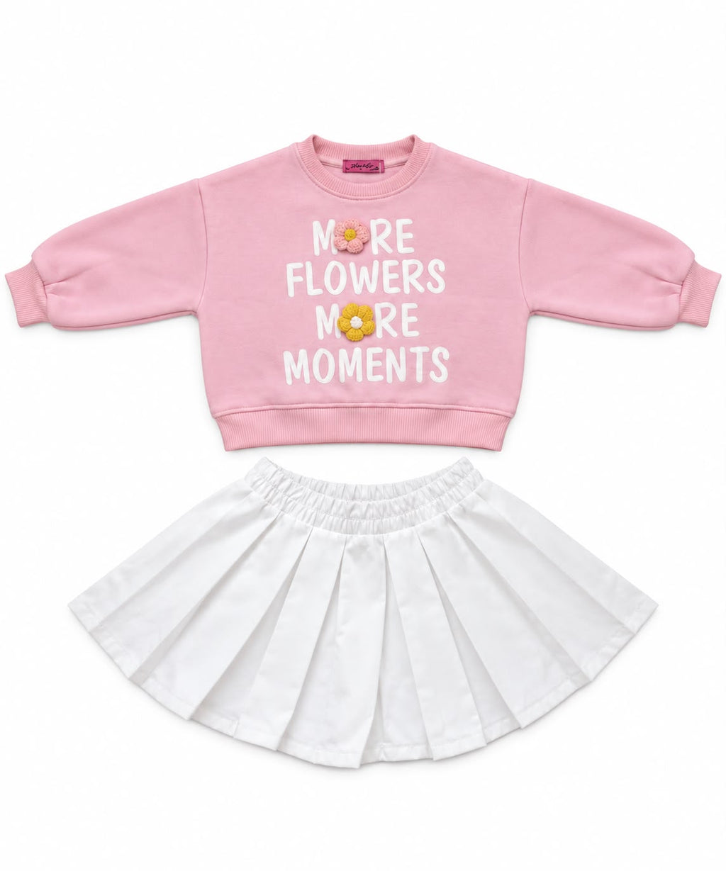 Girls’ Pink Sweatshirt & White Pleated Skirt Set – M002