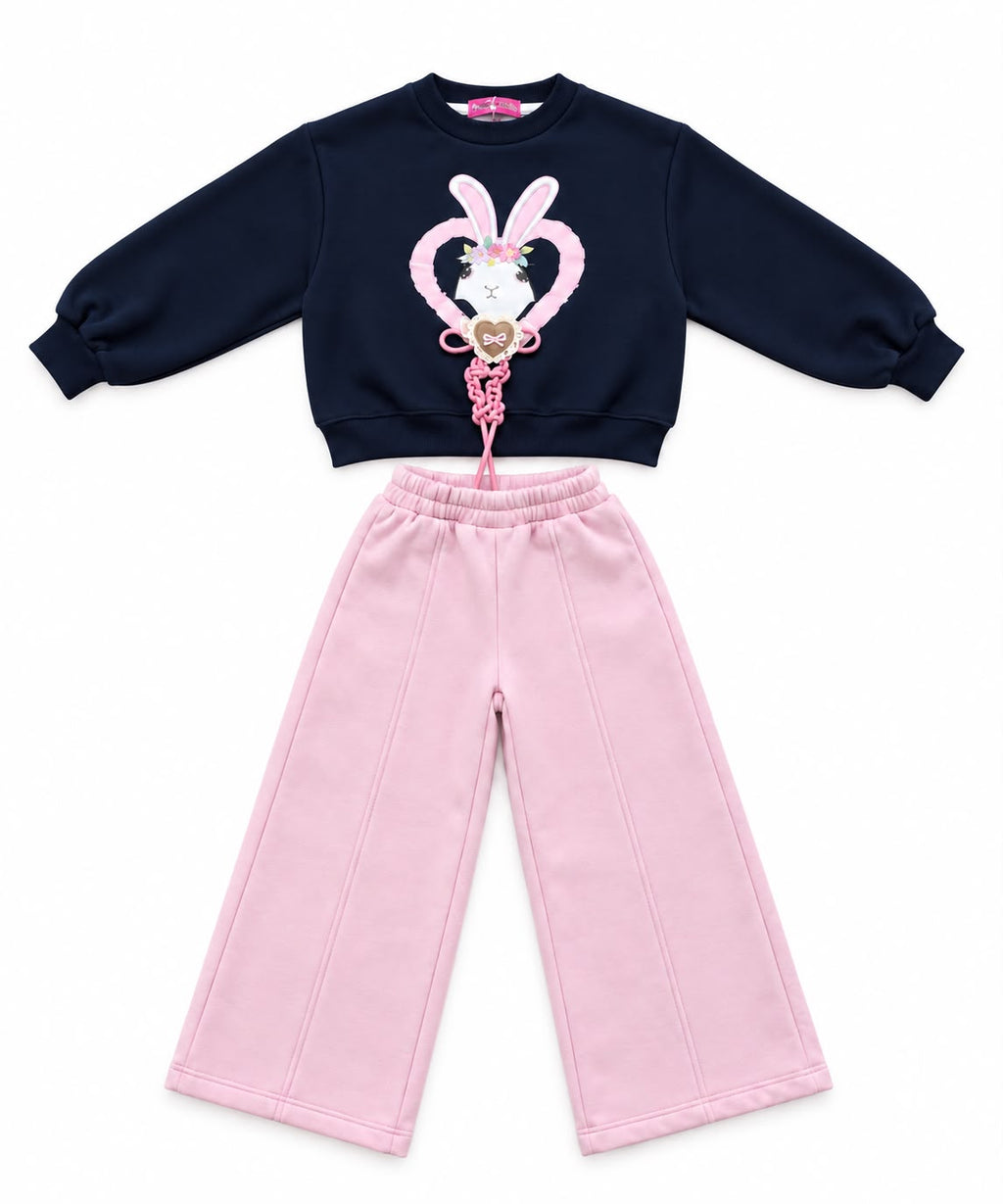 Girls’ Navy Bunny Sweatshirt & Wide-Leg Trousers Set – M004