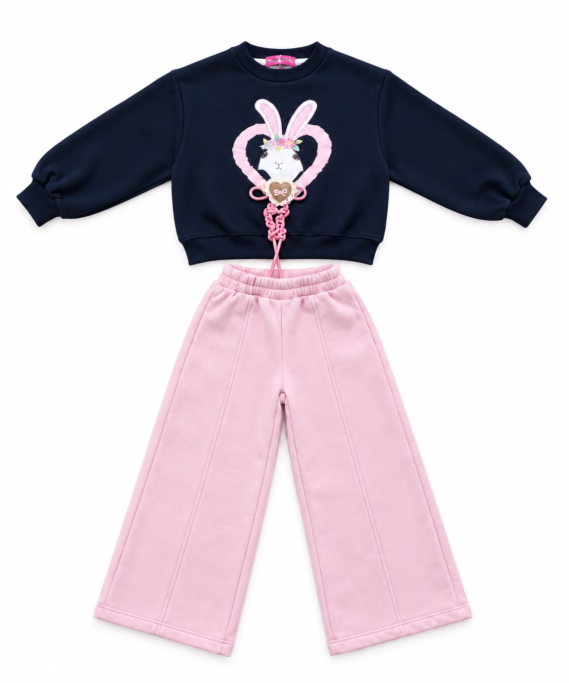 Girls’ Navy Bunny Sweatshirt & Wide-Leg Trousers Set – M004