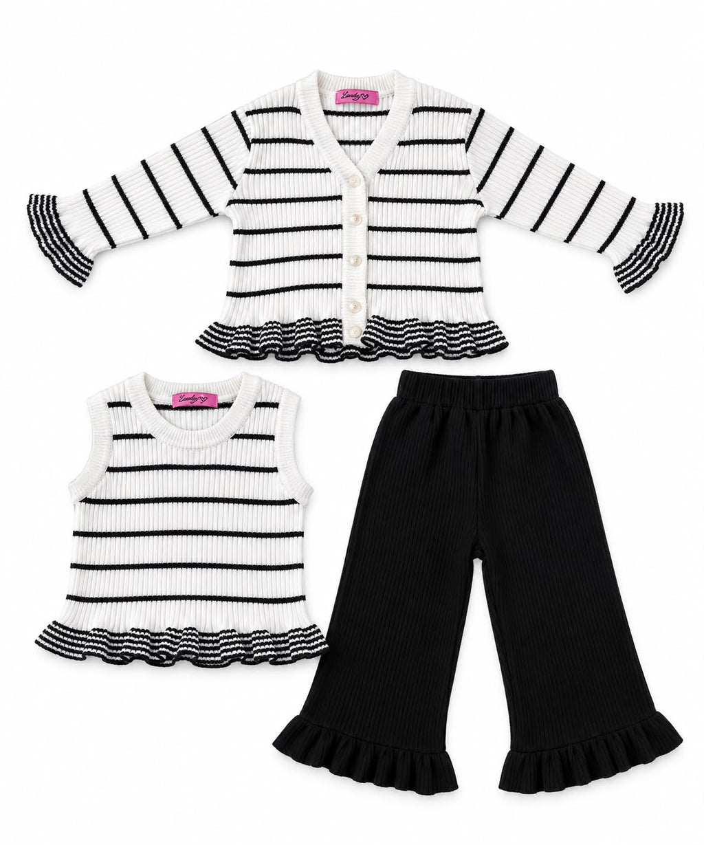 Girls’ Striped Knit Three-Piece Set – Black & White – M005