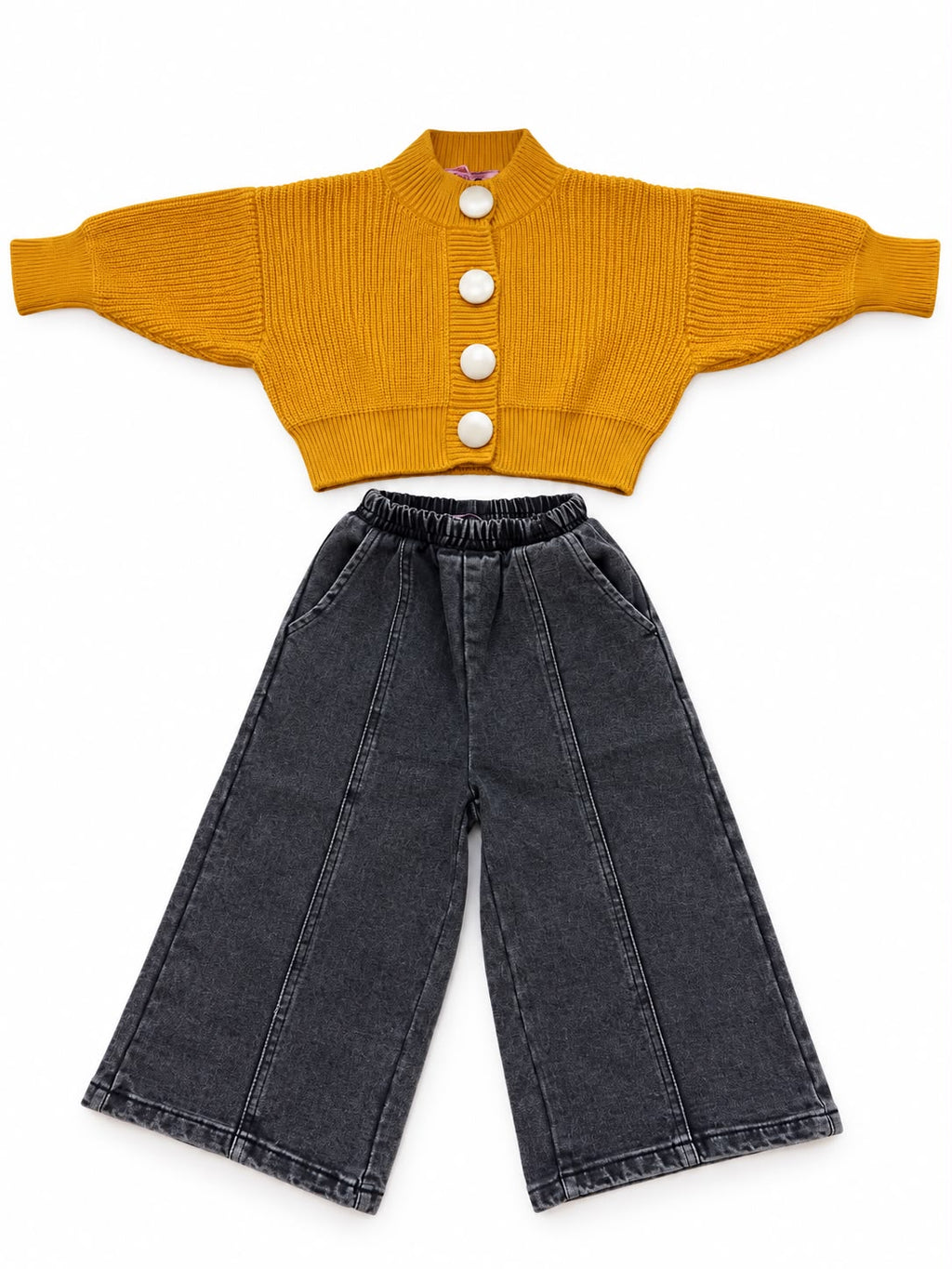 Girls’ Mustard Knit Cardigan & Wide-Leg Jeans Set – M012