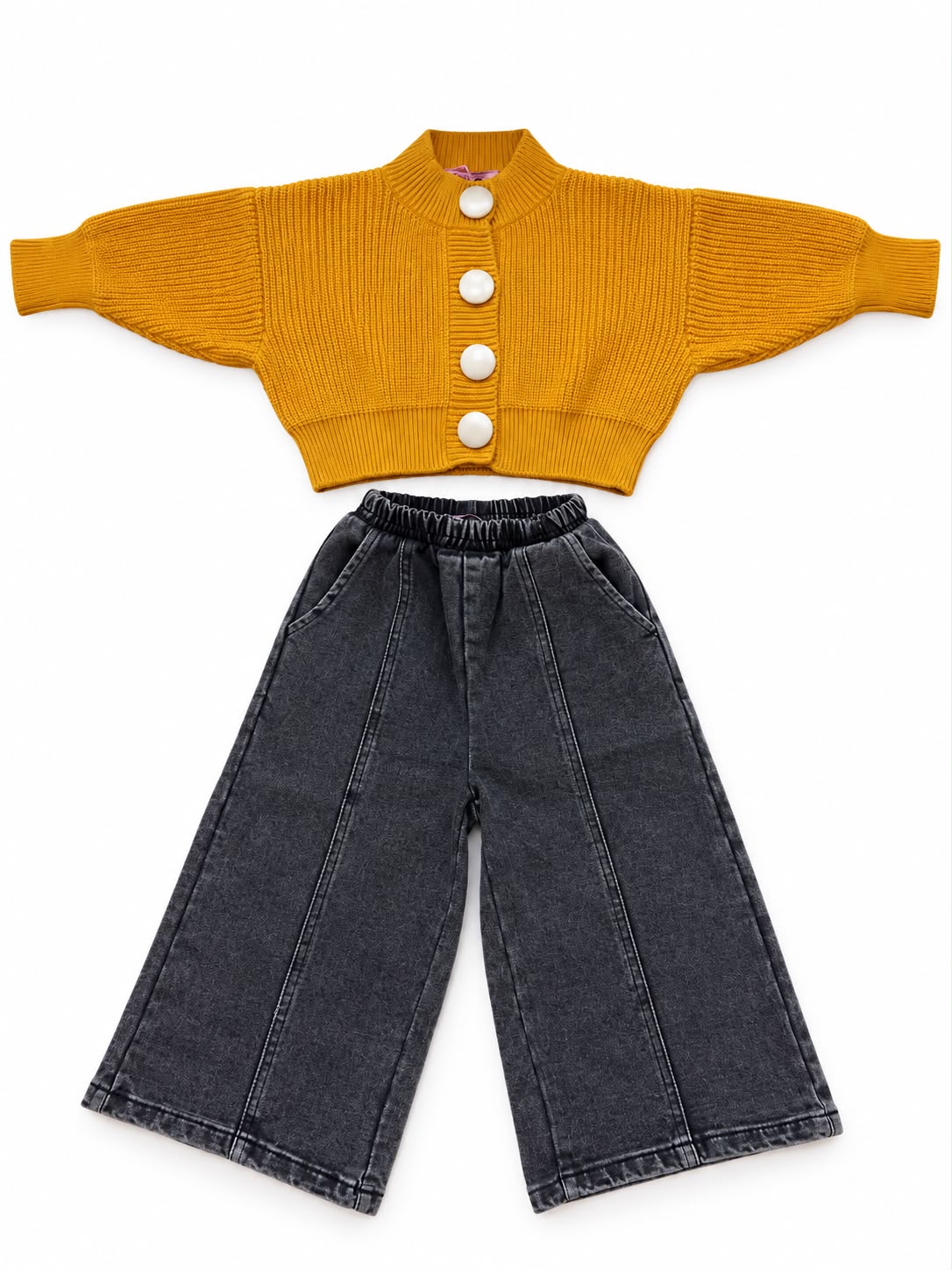 Girls’ Mustard Knit Cardigan & Wide-Leg Jeans Set – M012