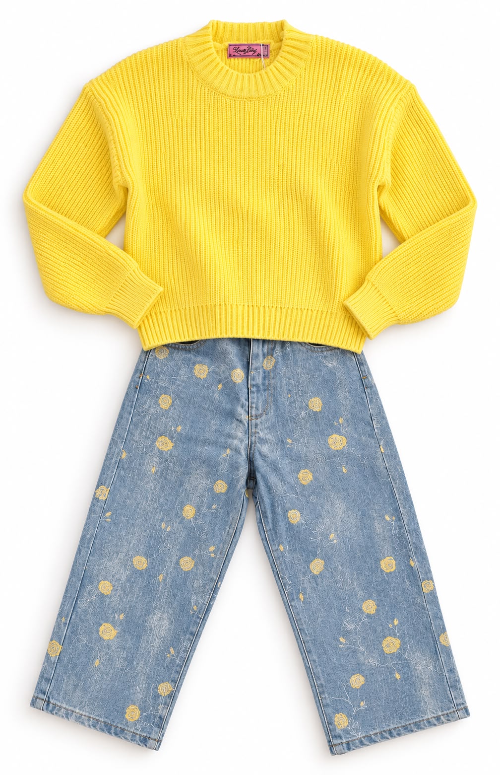 Girls’ Yellow Knit Jumper & Floral Jeans Set – M015