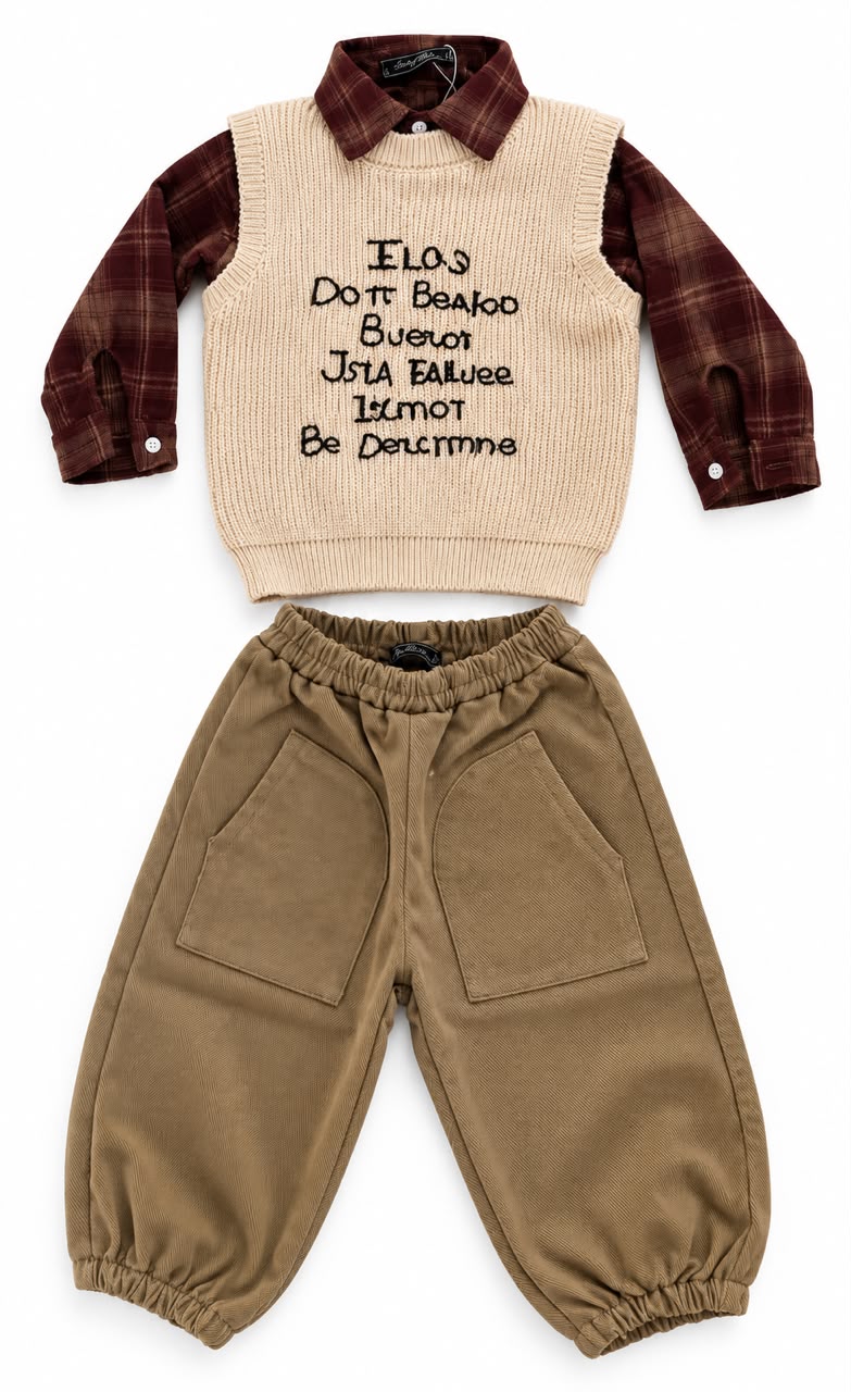 Boys’ Three-Piece Check Shirt & Knit Vest Set – M018