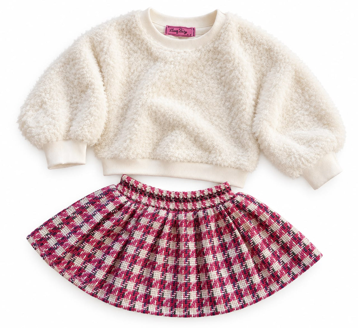 Girls’ Textured Top & Checked Skirt Set – M020